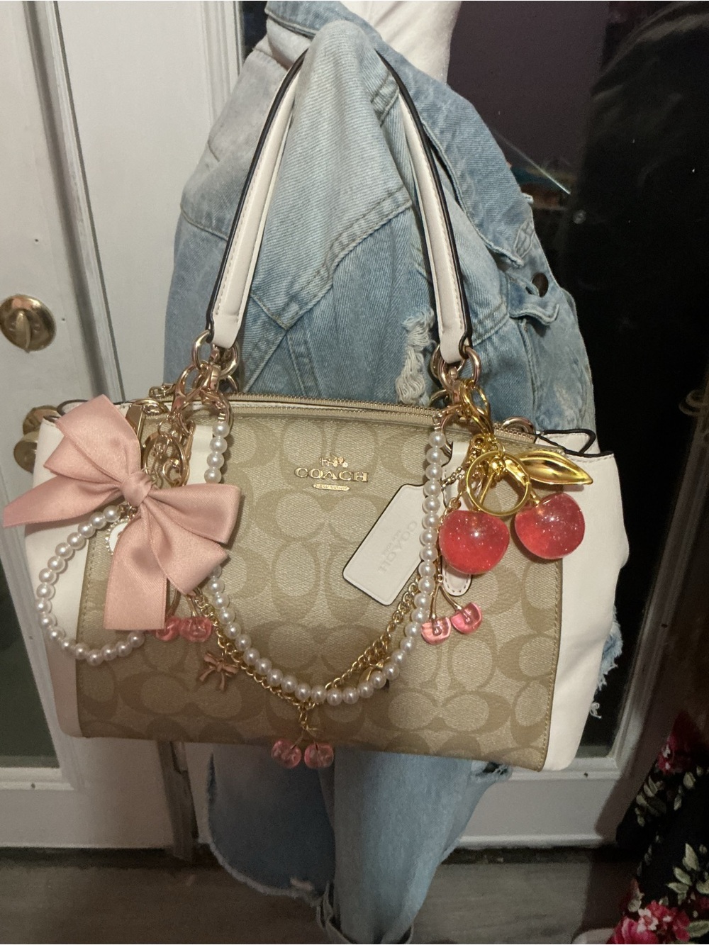 Coach Beige Signature Satchel with White Trim and Pink Accents